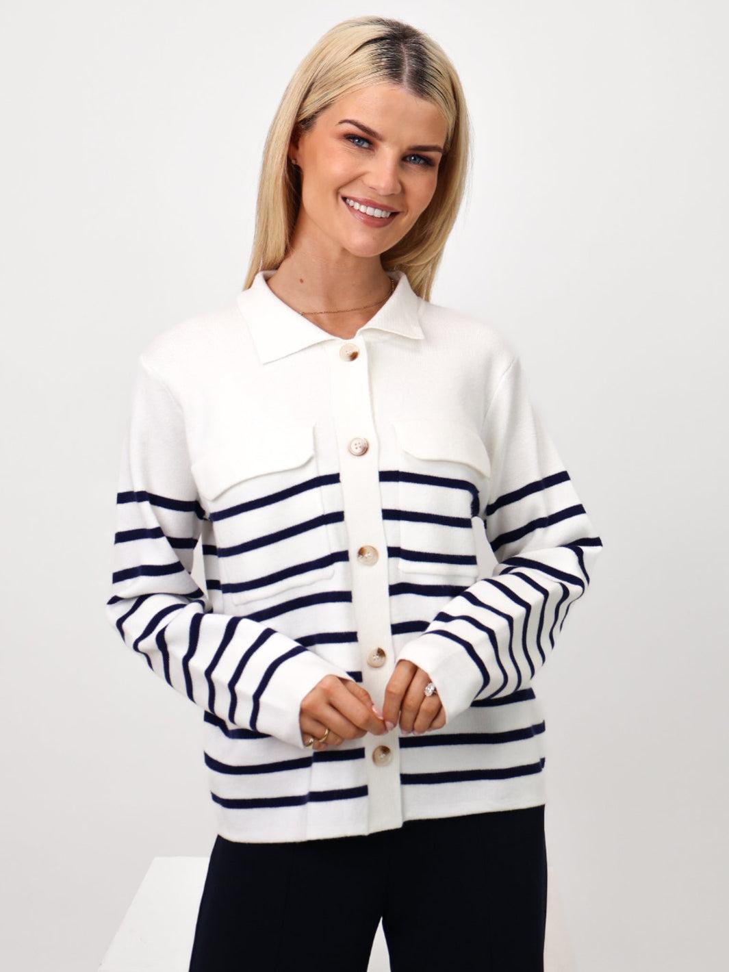 Kate & Pippa Dani Cardigan In White / Navy Stripe-Nicola Ross