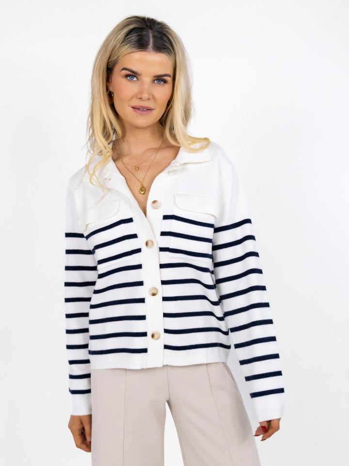 Kate & Pippa Dani Cardigan In White / Navy Stripe-Nicola Ross