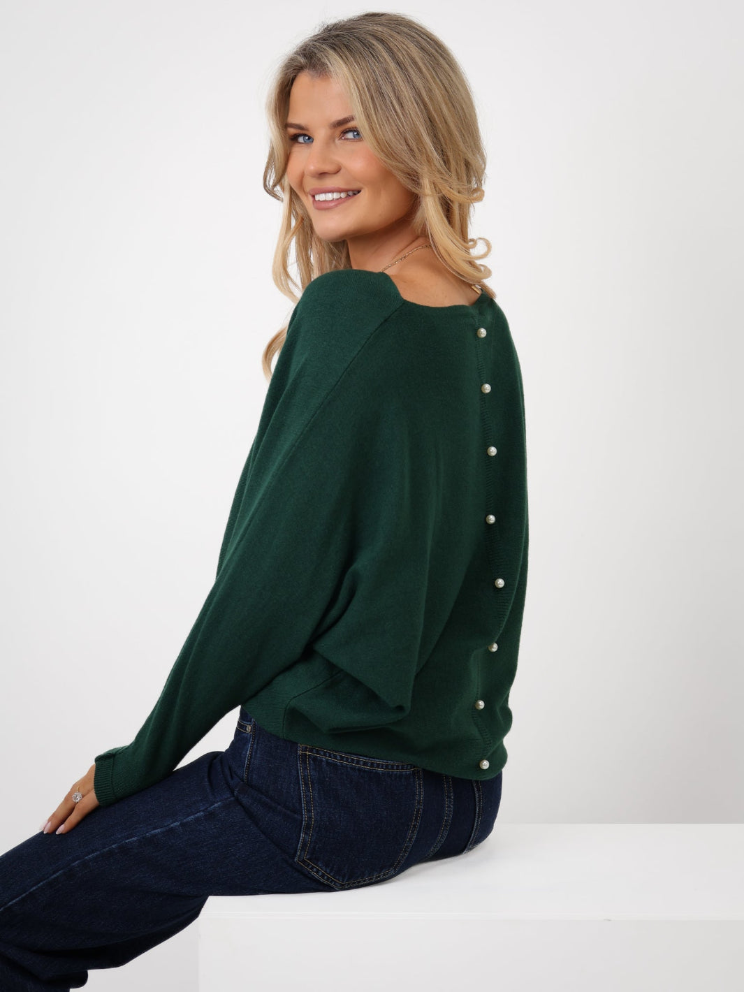 Kate & Pippa Elba Pearl Detail Knit Jumper In Dark Green-Nicola Ross