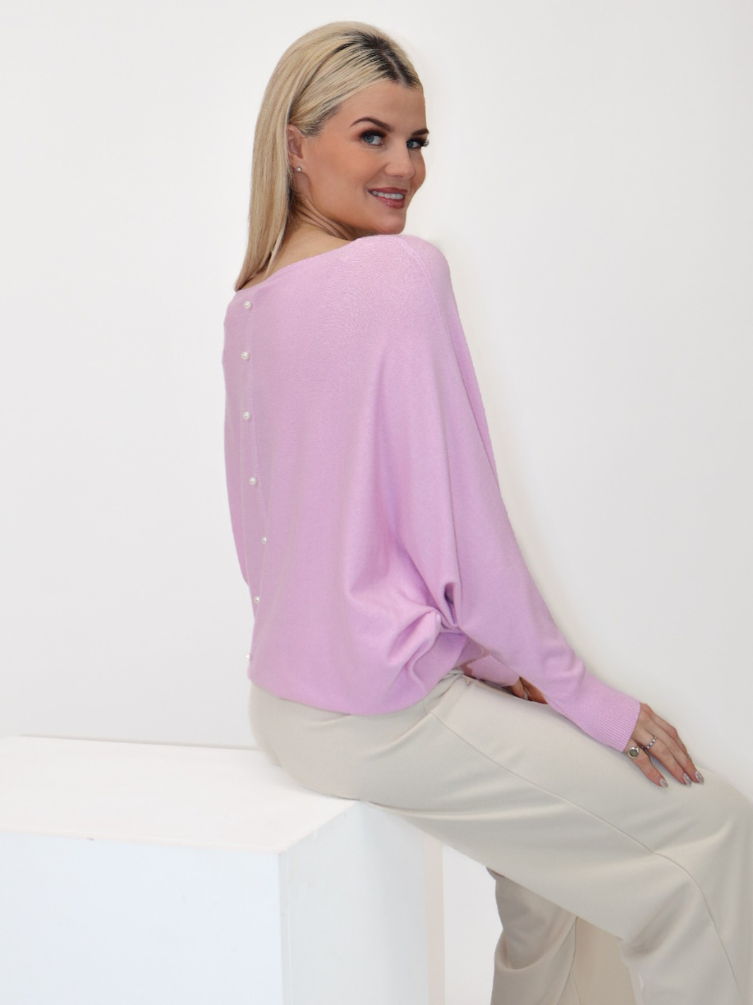 Kate & Pippa Elba Pearl Detail Knit Jumper In Ice Pink-Nicola Ross