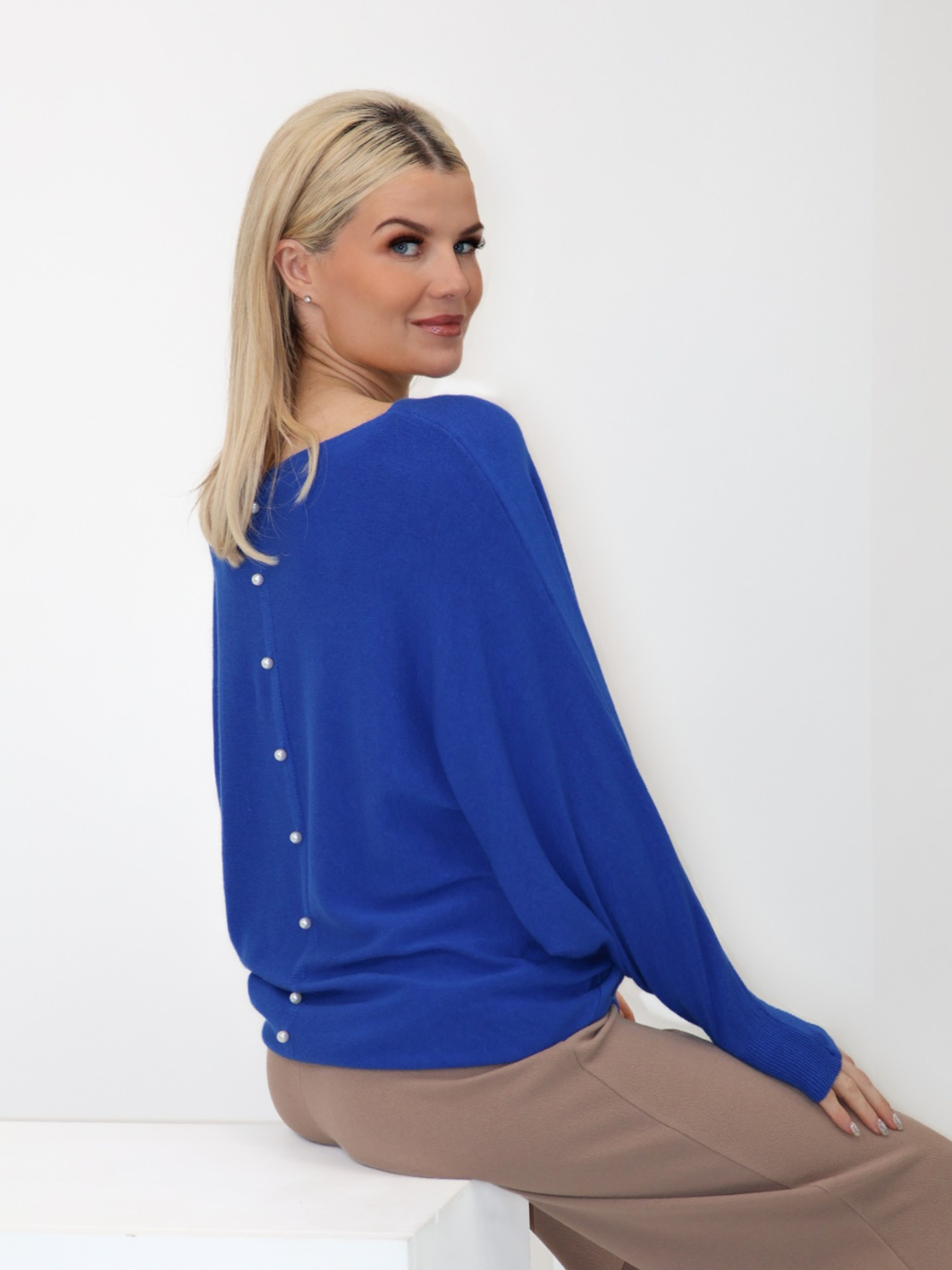 Kate & Pippa Elba Pearl Detail Knit Jumper In Royal Blue-Nicola Ross