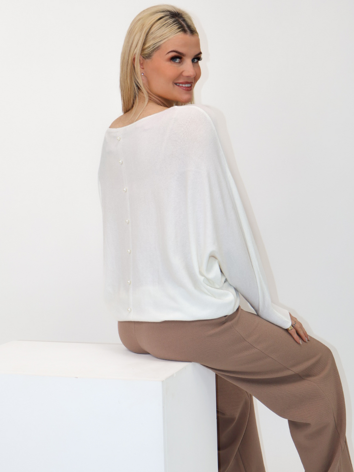 Kate & Pippa Elba Pearl Detail Knit Jumper In White-Nicola Ross