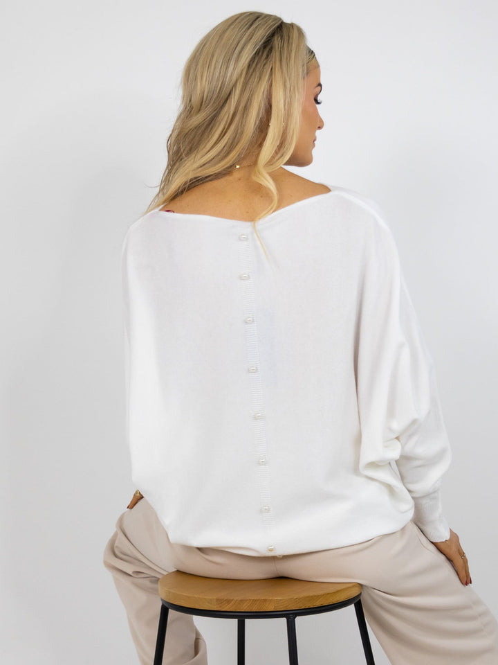 Kate & Pippa Elba Pearl Detail Knit Jumper In White-Nicola Ross