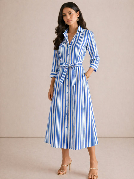 Kate & Pippa Elena Midi Shirt Dress In Blue Stripe Nicola Ross Kate & Pippa Elena Midi Shirt Dress In Blue Stripe Nicola Ross