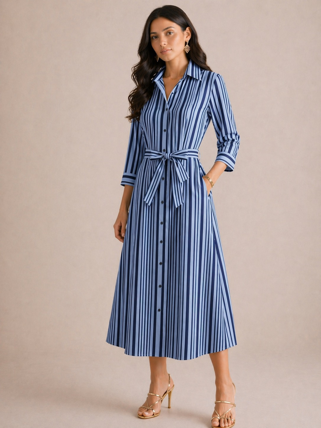Kate & Pippa Elena Midi Shirt Dress In Blue/Navy Stripe-Occasion Wear-Guest of the wedding-Nicola Ross