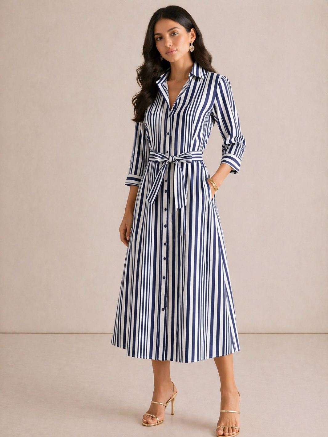 Kate & Pippa Elena Midi Shirt Dress In Navy Stripe-Occasion Wear-Guest of the wedding-Nicola Ross