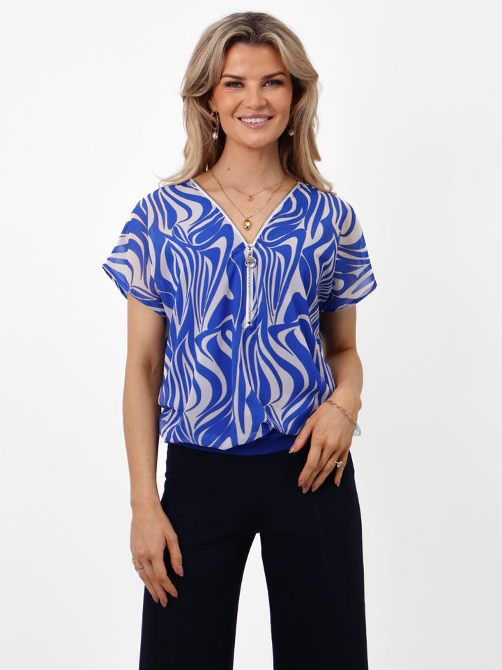 Kate & Pippa Eva Zip Top In Blue Print-Nicola Ross