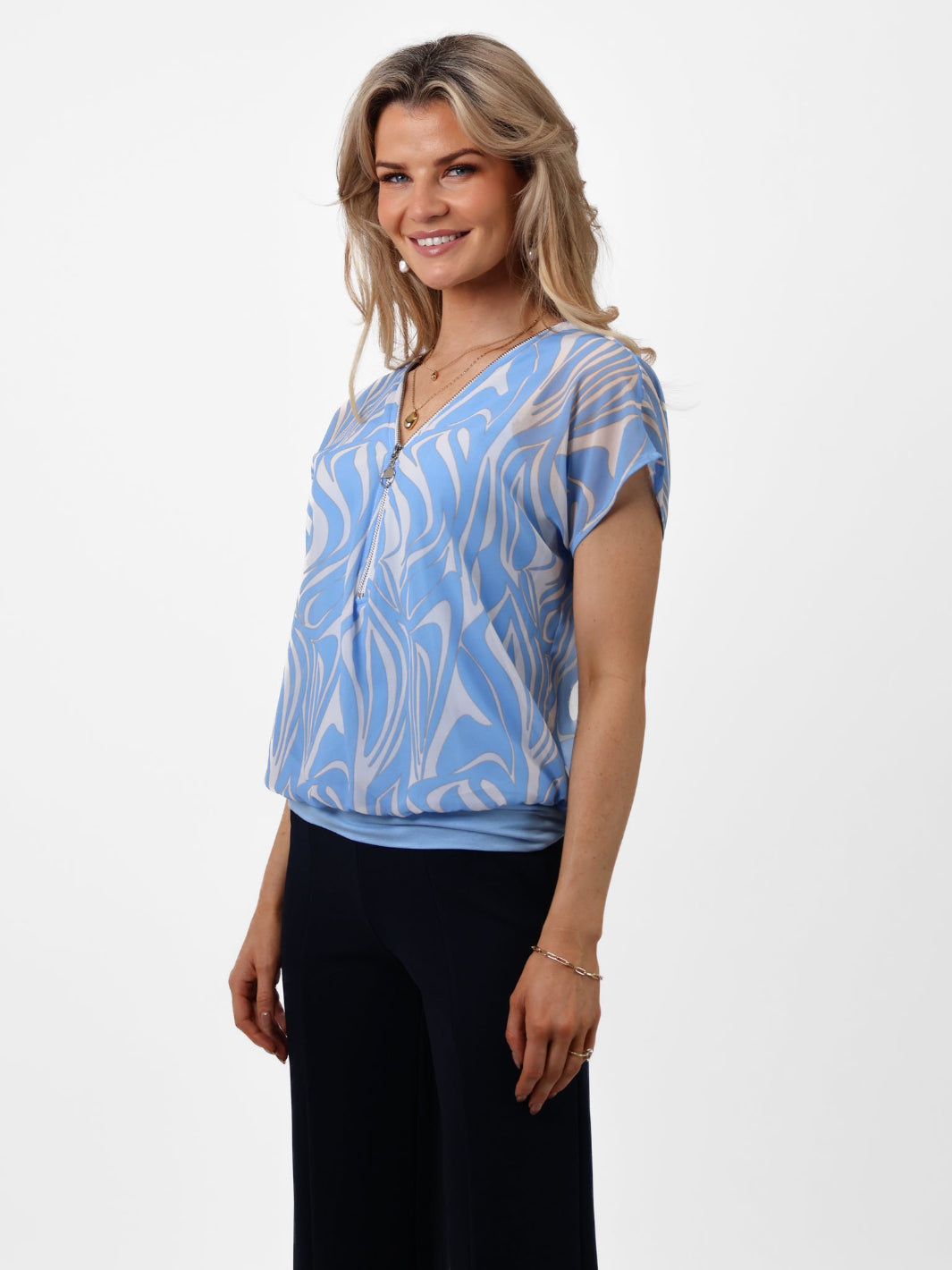 Kate & Pippa Eva Zip Top In Light Blue Print-Nicola Ross