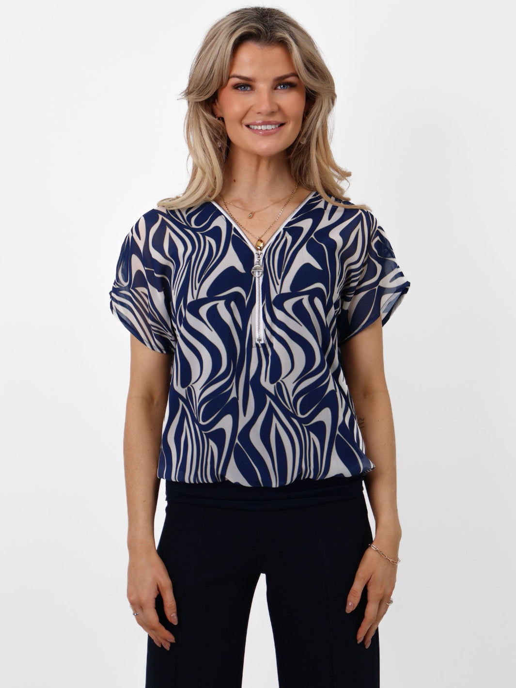 Kate & Pippa Eva Zip Top In Navy Print-Nicola Ross