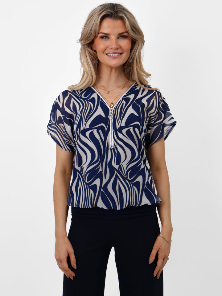Kate & Pippa Eva Zip Top In Navy Print-Nicola Ross