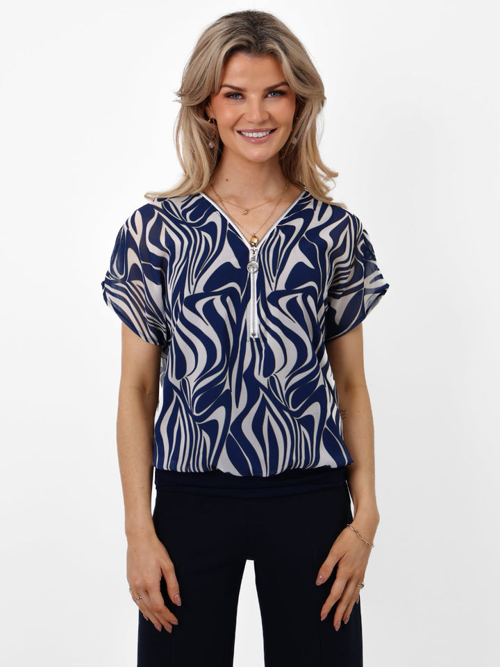 Kate & Pippa Eva Zip Top In Navy Print-Nicola Ross