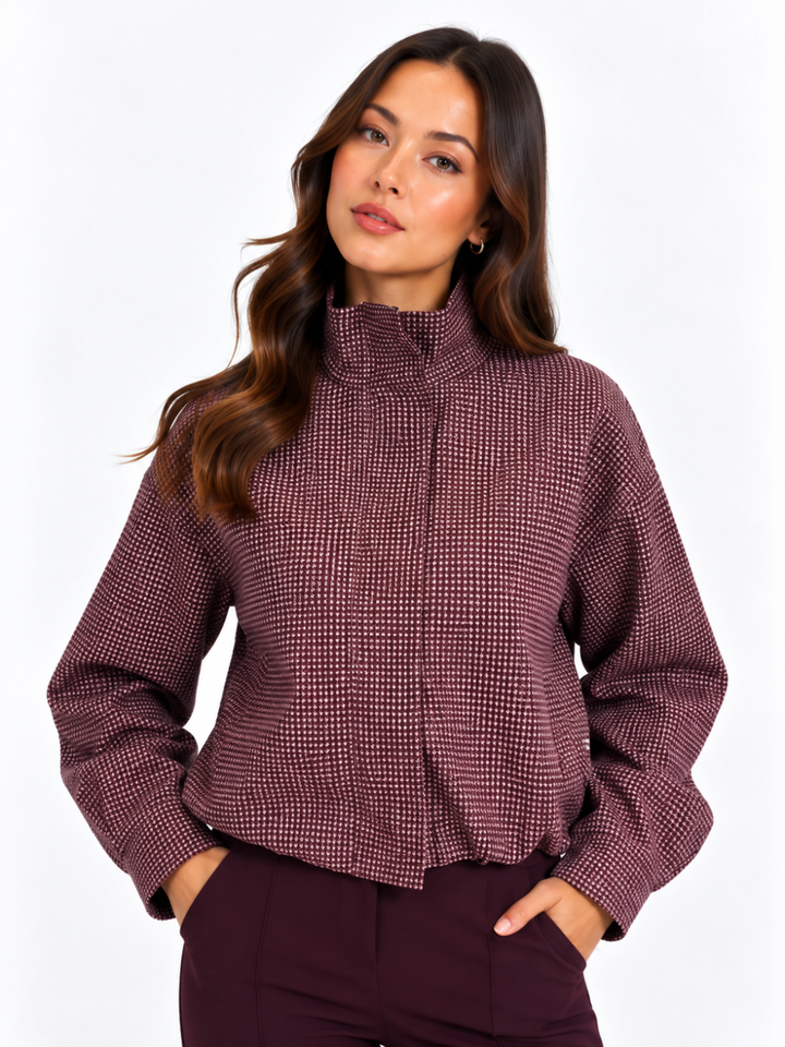 Lil Jen Funnel Neck Cotswolds Jacket In Mulberry Check-Nicola Ross