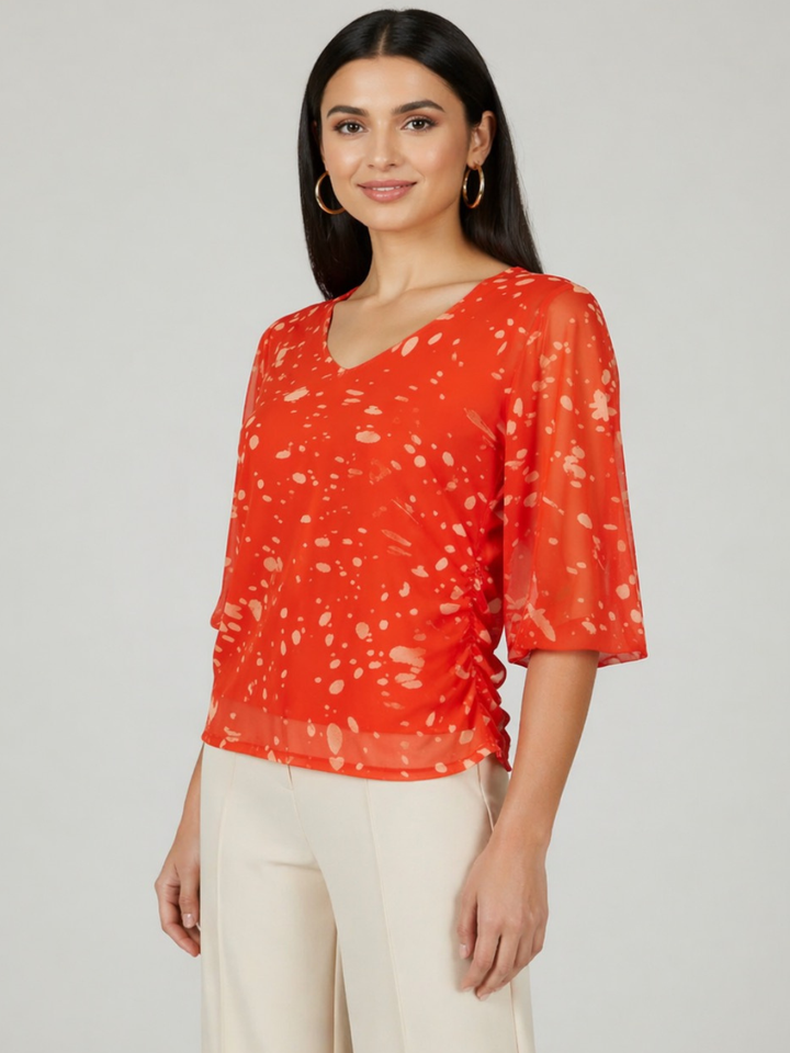 Kate & Pippa Ivy V-Neck Top In Orange Print-Nicola Ross