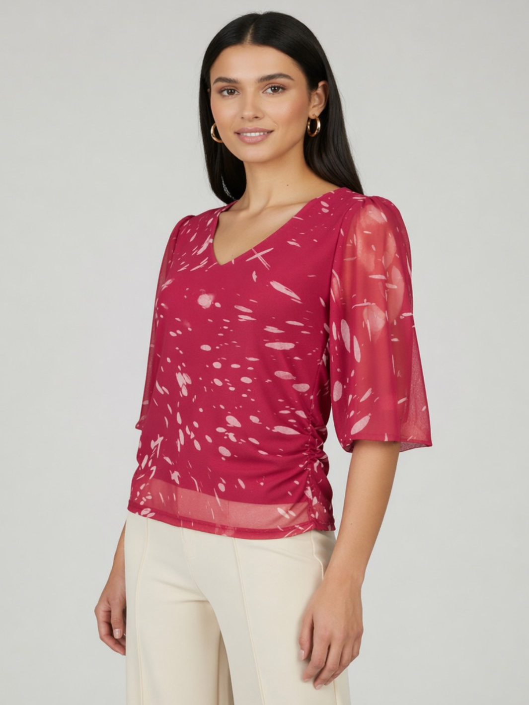 Kate & Pippa Ivy V-Neck Top In Pink Print-Nicola Ross