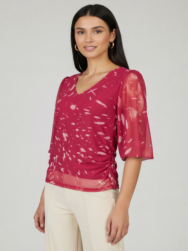 Kate & Pippa Ivy V-Neck Top In Pink Print-Nicola Ross