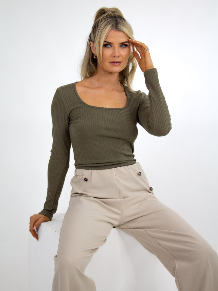Kate & Pippa Jodi Square Neck Knit Top In Khaki-Nicola Ross
