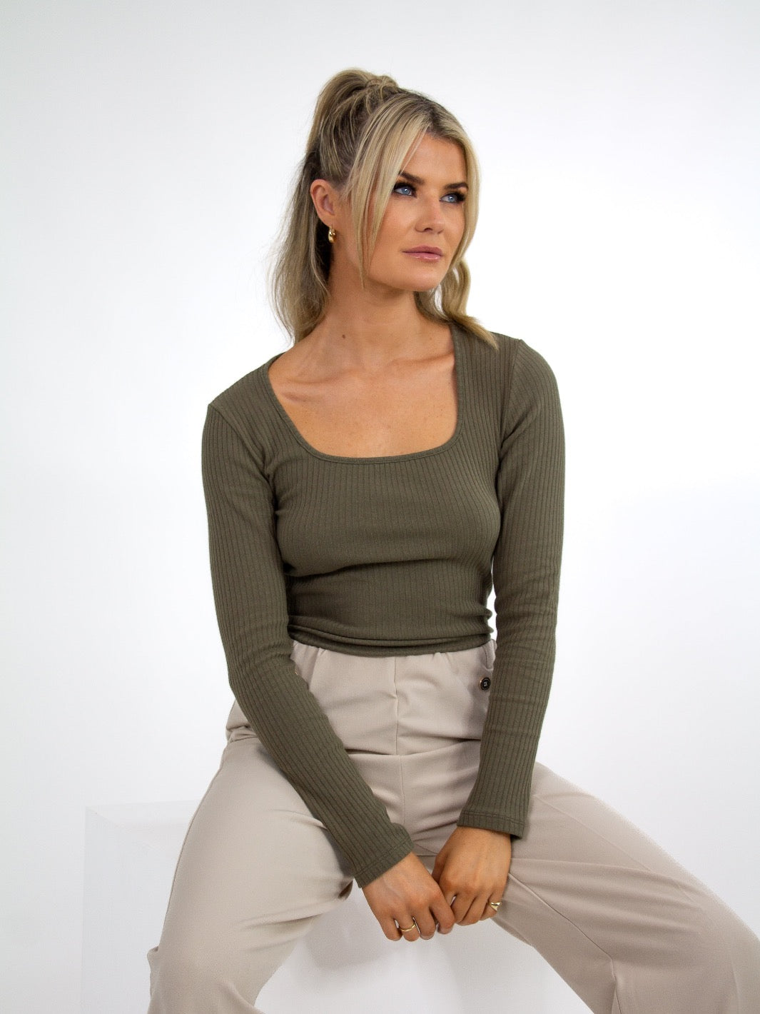 Kate & Pippa Jodi Square Neck Knit Top In Khaki-Nicola Ross