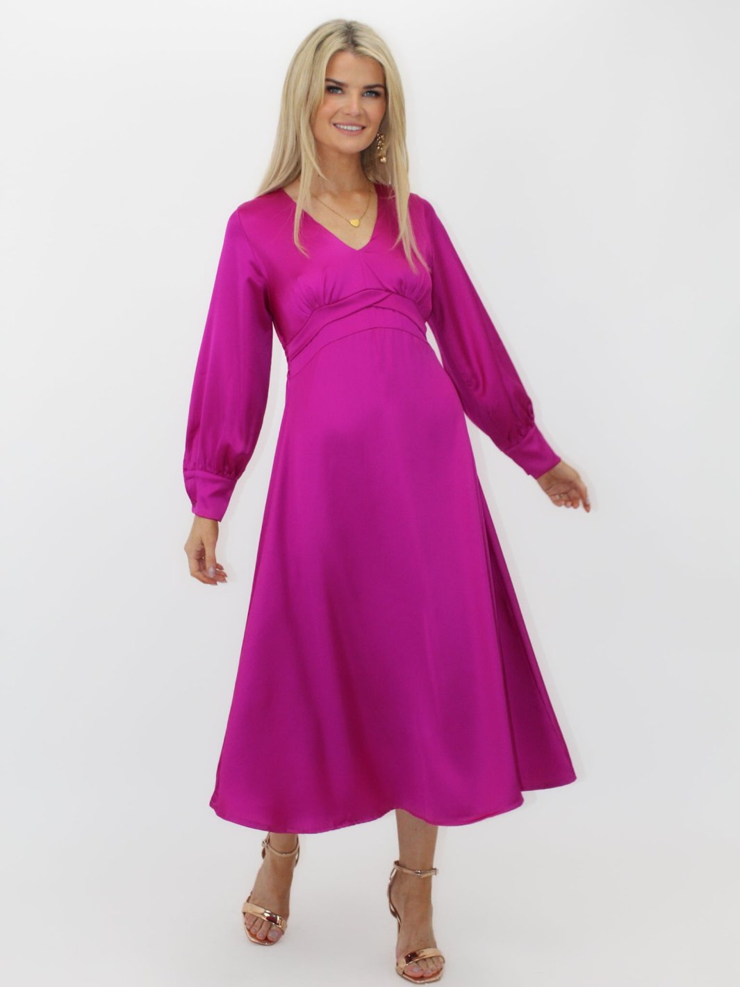 Kate & Pippa Kamala Christmas Satin Midi Dress In Magenta-Nicola Ross