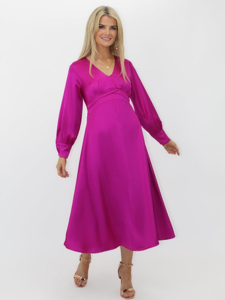 Kate & Pippa Kamala Christmas Satin Midi Dress In Magenta-Nicola Ross