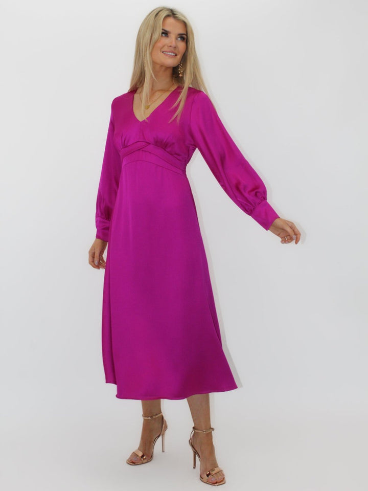 Kate & Pippa Kamala Christmas Satin Midi Dress In Magenta-Nicola Ross