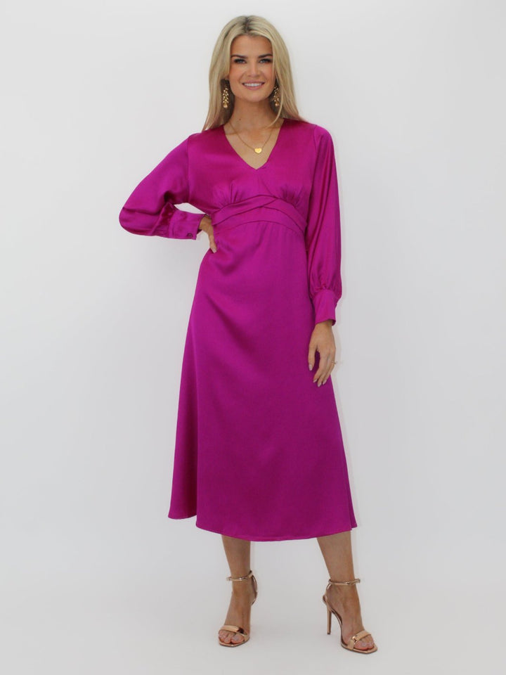 Kate & Pippa Kamala Christmas Satin Midi Dress In Magenta-Nicola Ross