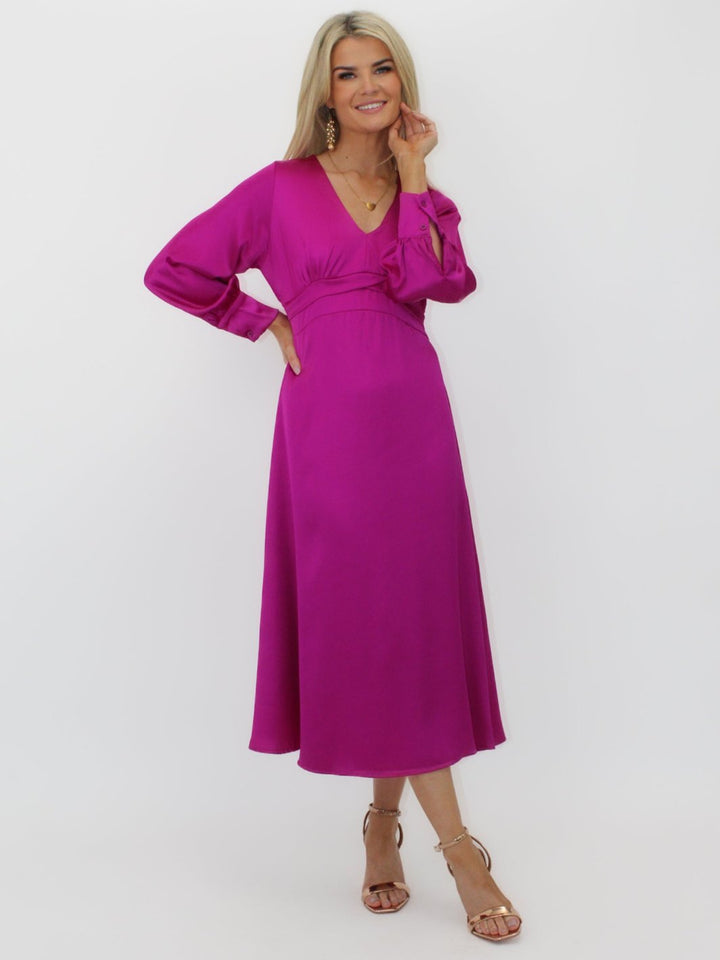 Kate & Pippa Kamala Christmas Satin Midi Dress In Magenta-Nicola Ross