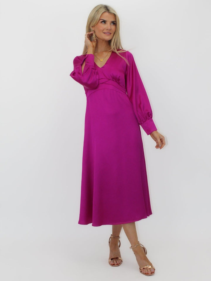 Kate & Pippa Kamala Christmas Satin Midi Dress In Magenta-Nicola Ross