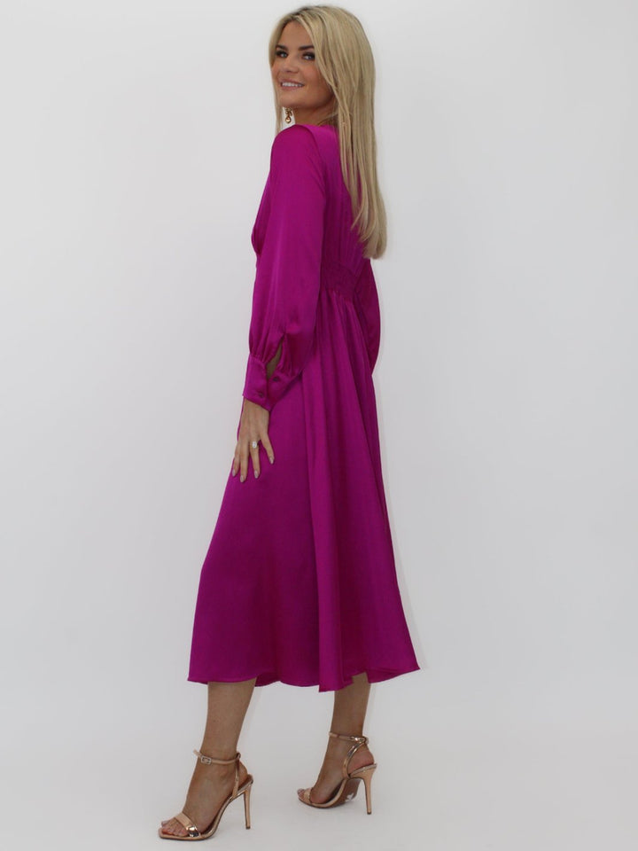 Kate & Pippa Kamala Christmas Satin Midi Dress In Magenta-Nicola Ross