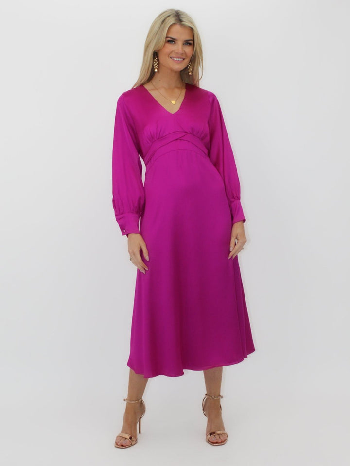 Kate & Pippa Kamala Christmas Satin Midi Dress In Magenta-Nicola Ross