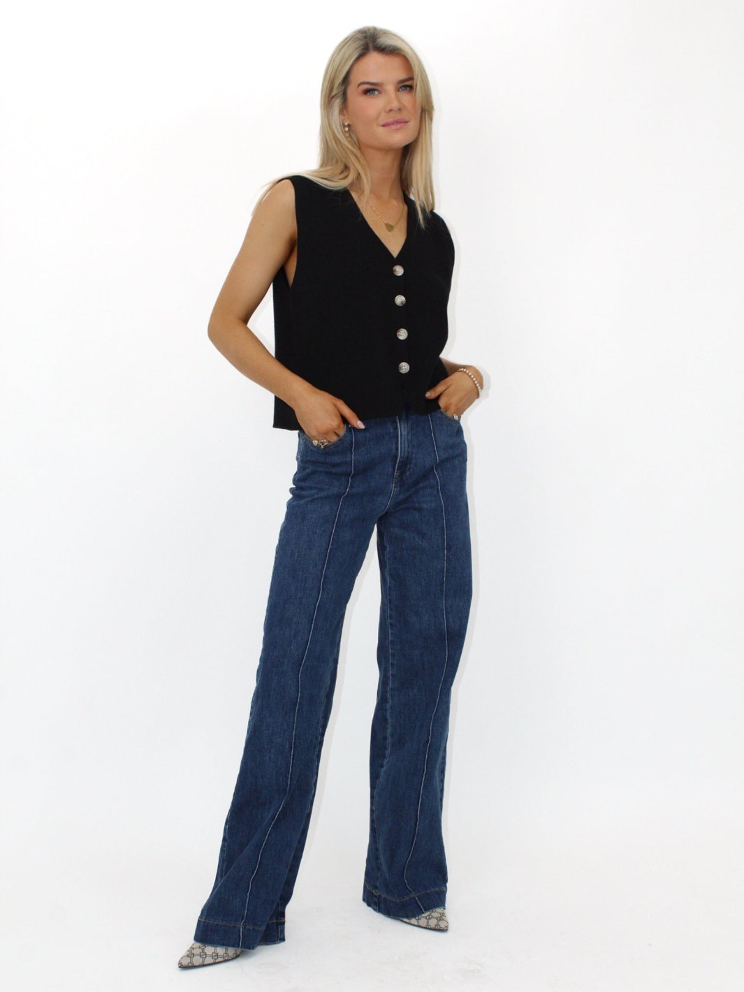 Kate & Pippa Kelly Buttoned Knit Waistcoat In Black-Nicola Ross