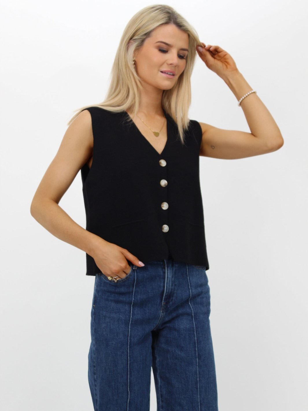 Kate & Pippa Kelly Buttoned Knit Waistcoat In Black-Nicola Ross