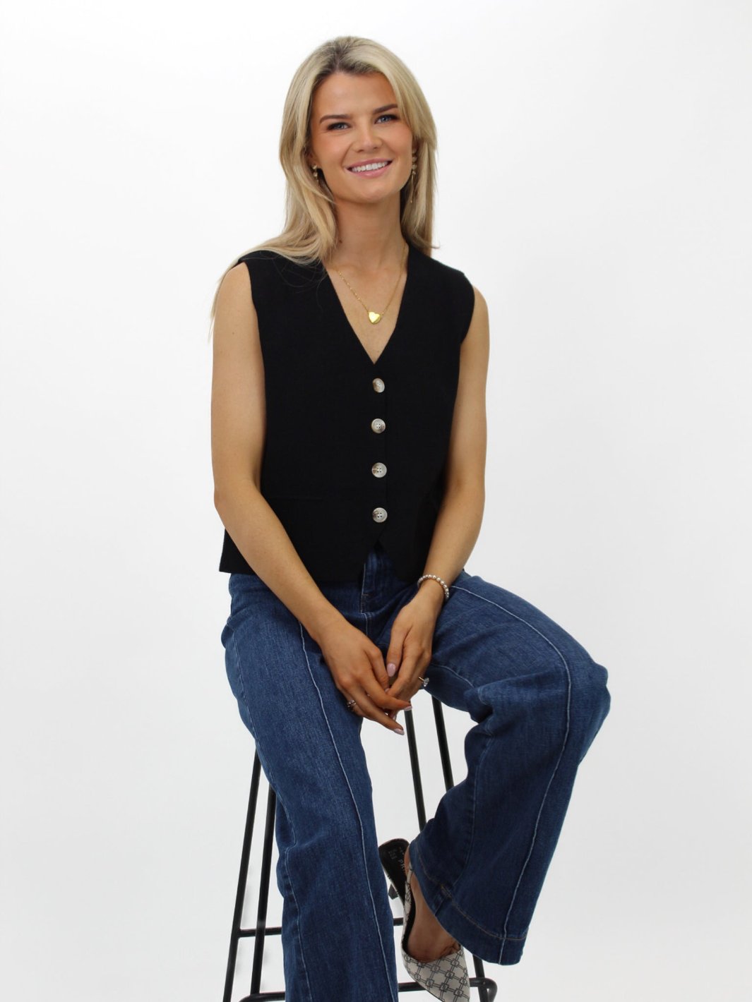 Kate & Pippa Kelly Buttoned Knit Waistcoat In Black-Nicola Ross
