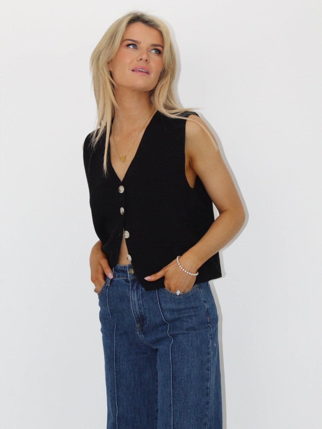 Kate & Pippa Kelly Buttoned Knit Waistcoat In Black-Nicola Ross