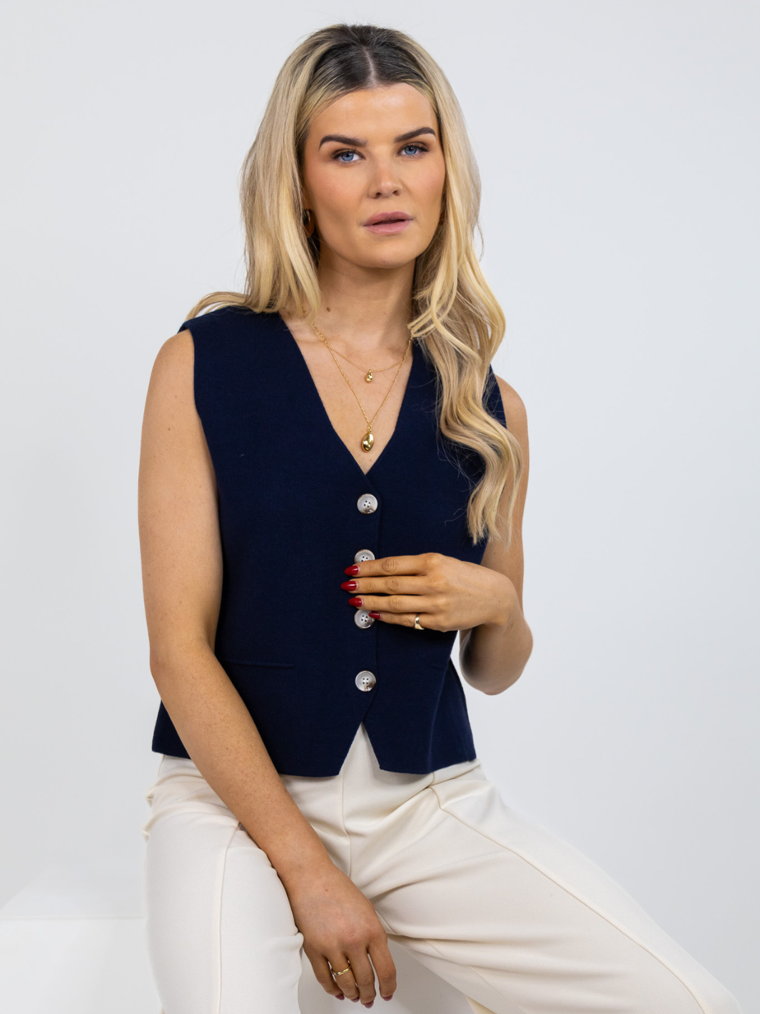 Pre-Order: Dispatch 12/04/24 - Kate & Pippa Kelly Buttoned Knit Waistcoat In Navy-Nicola Ross