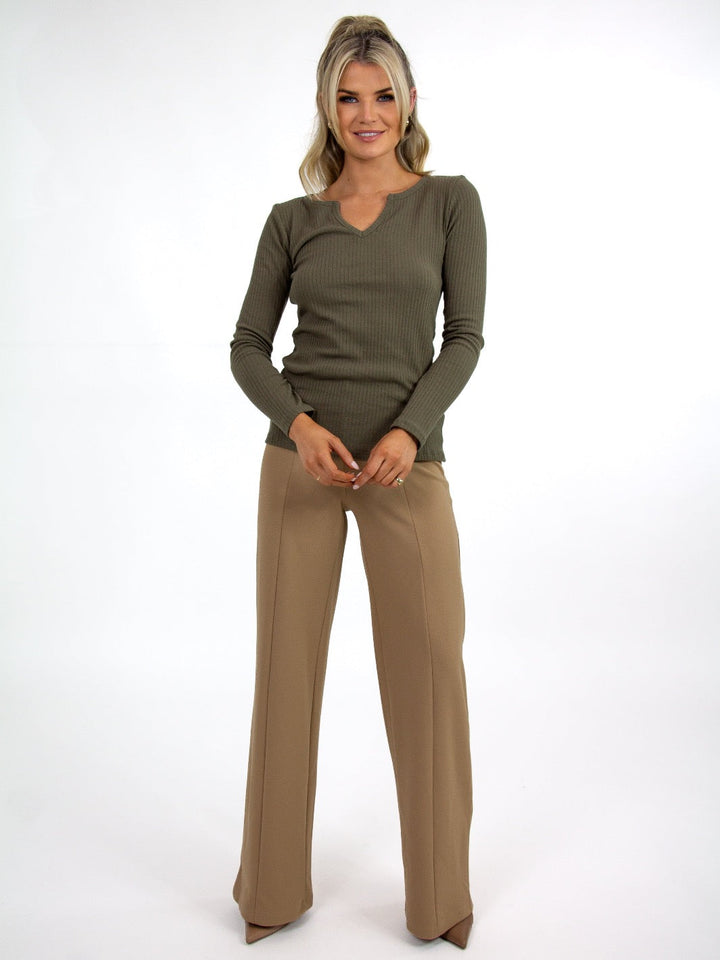Kate & Pippa Kim V Neck Knit Top In Khaki-Nicola Ross