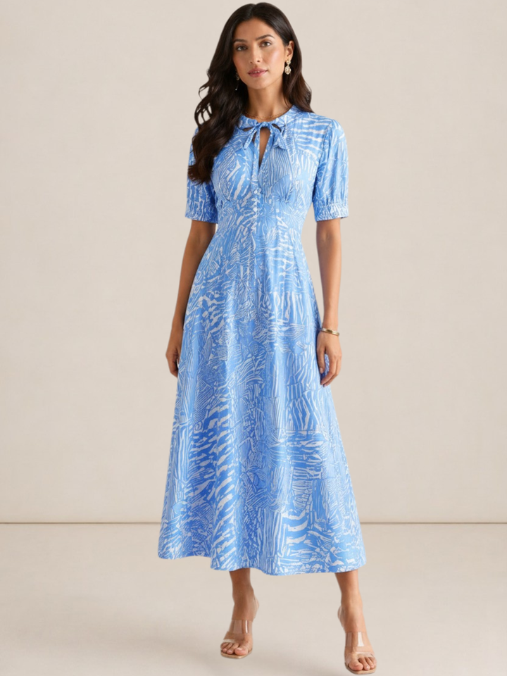 Kate & Pippa Kimber Midi Dress in Light Blue Print-Occasion Wear-Guest of the wedding-Nicola Ross