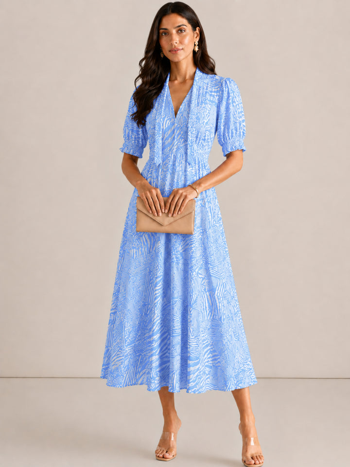 Kate & Pippa Kimber Midi Dress in Light Blue Print-Occasion Wear-Guest of the wedding-Nicola Ross