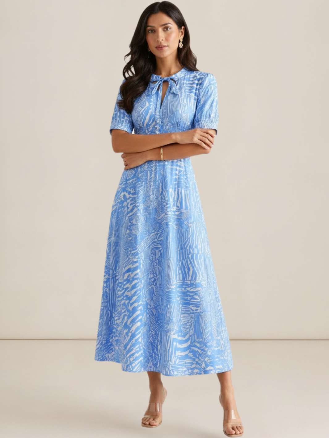 Kate & Pippa Kimber Midi Dress in Light Blue Print-Occasion Wear-Guest of the wedding-Nicola Ross