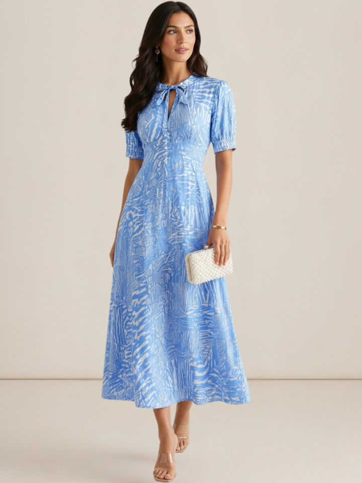 Kate & Pippa Kimber Midi Dress in Light Blue Print-Occasion Wear-Guest of the wedding-Nicola Ross