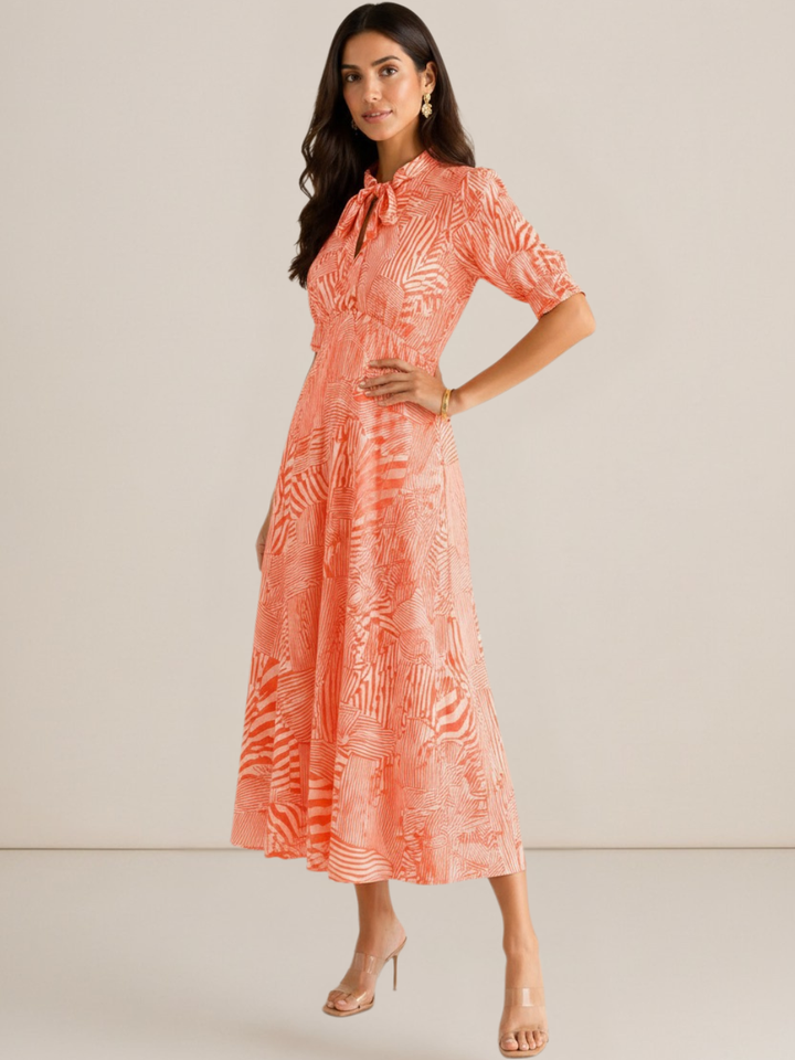 Kate & Pippa Kimber Midi Dress in Orange Print-Occasion Wear-Guest of the wedding-Nicola Ross
