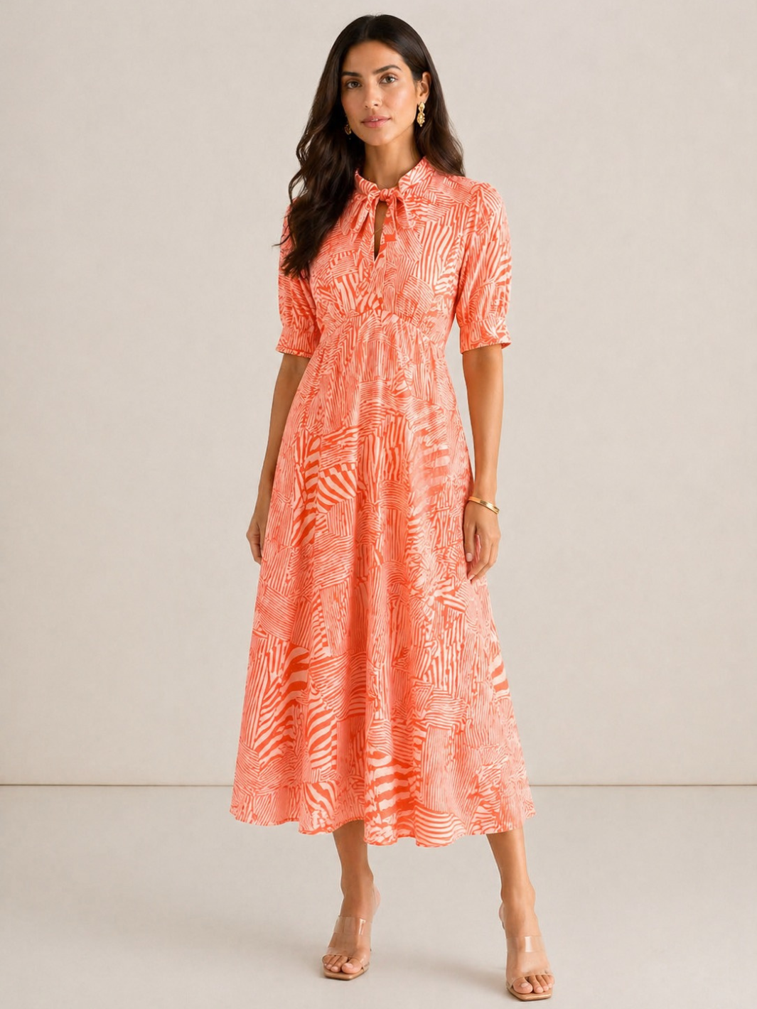 Kate & Pippa Kimber Midi Dress in Orange Print-Occasion Wear-Guest of the wedding-Nicola Ross