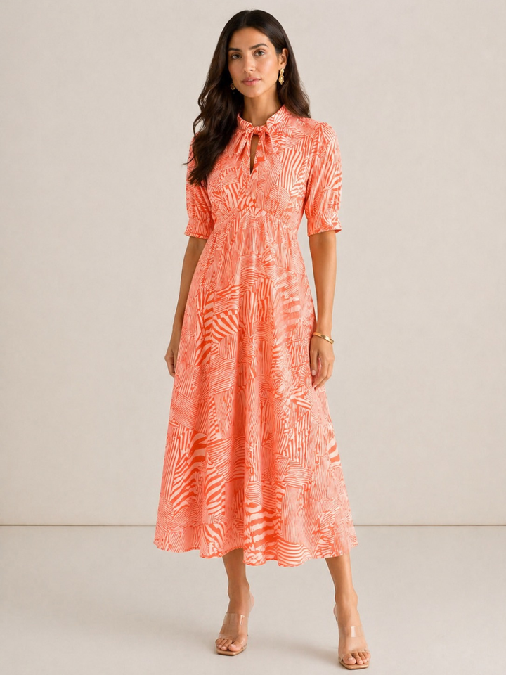 Kate & Pippa Kimber Midi Dress in Orange Print-Occasion Wear-Guest of the wedding-Nicola Ross