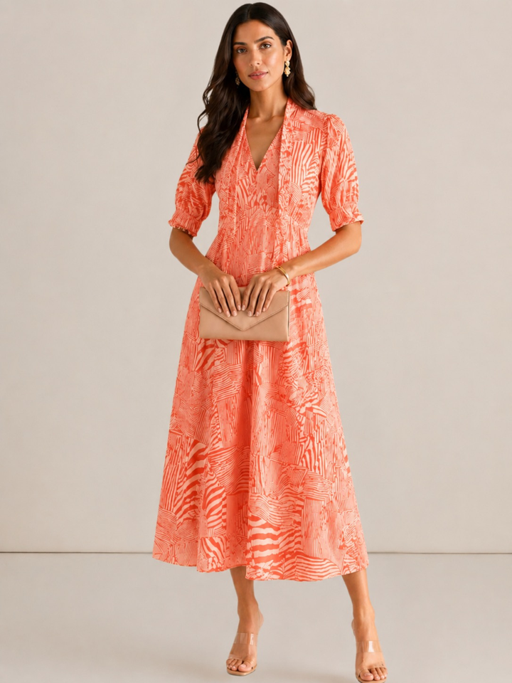 Kate & Pippa Kimber Midi Dress in Orange Print-Occasion Wear-Guest of the wedding-Nicola Ross