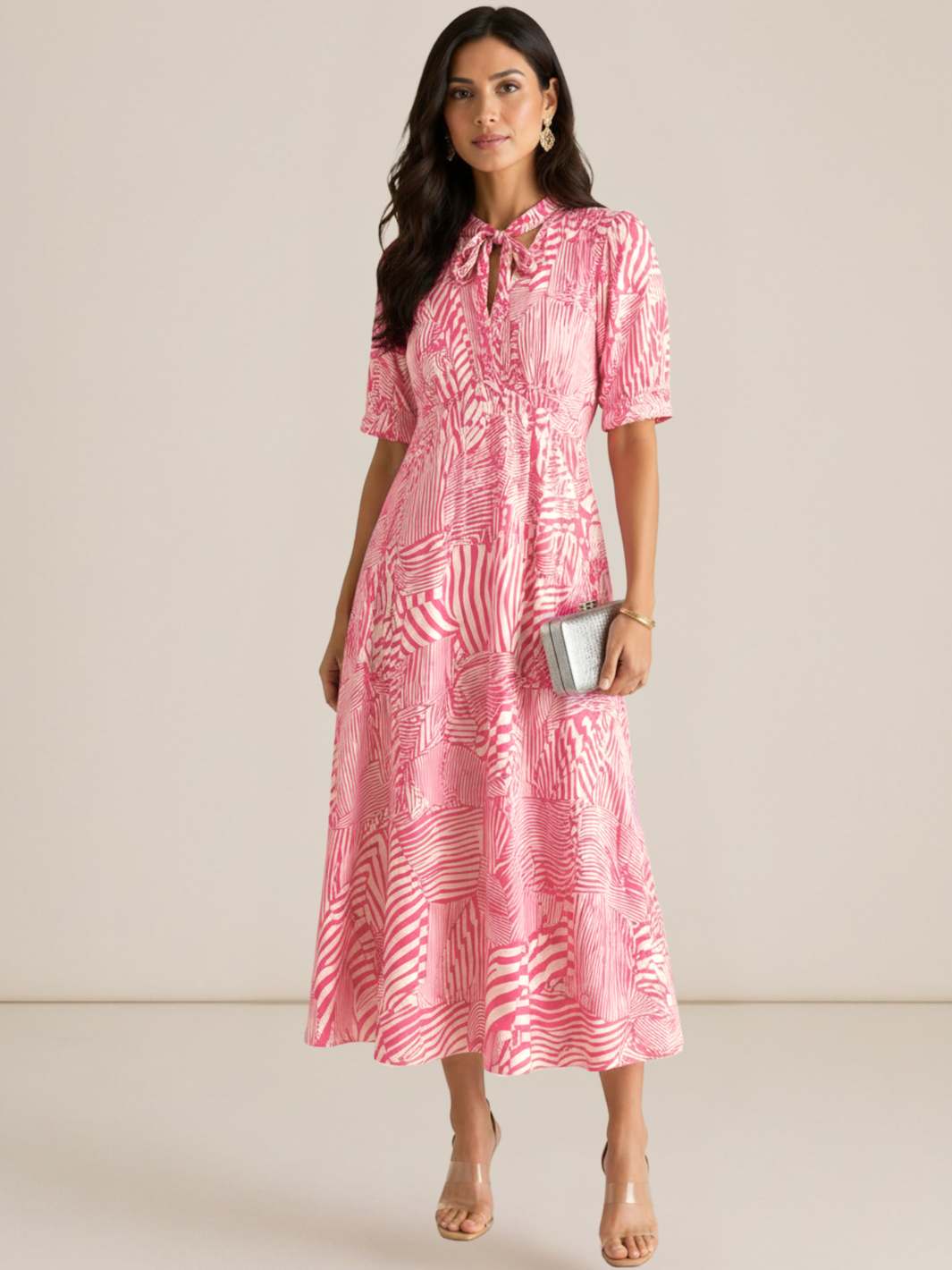 Kate & Pippa Kimber Midi Dress in Pink Print-Occasion Wear-Guest of the wedding-Nicola Ross