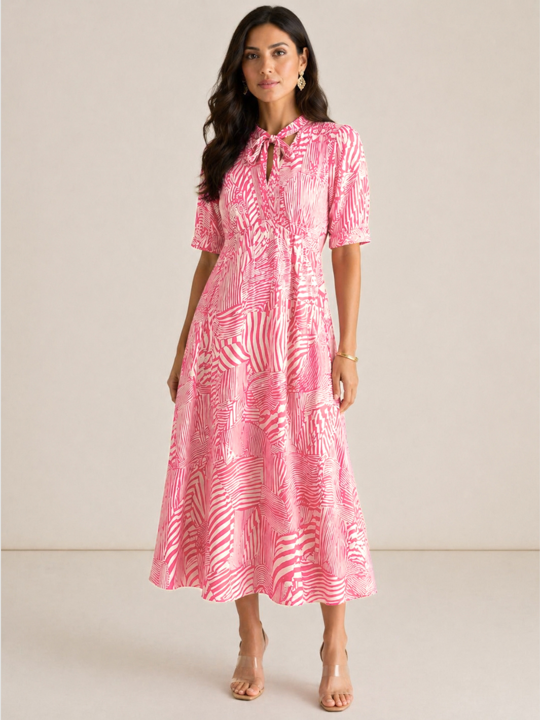 Kate & Pippa Kimber Midi Dress in Pink Print-Occasion Wear-Guest of the wedding-Nicola Ross
