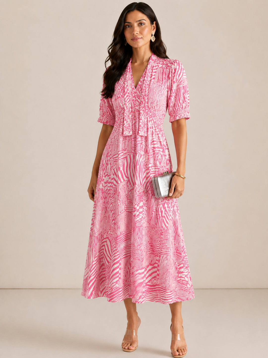 Kate & Pippa Kimber Midi Dress in Pink Print-Occasion Wear-Guest of the wedding-Nicola Ross