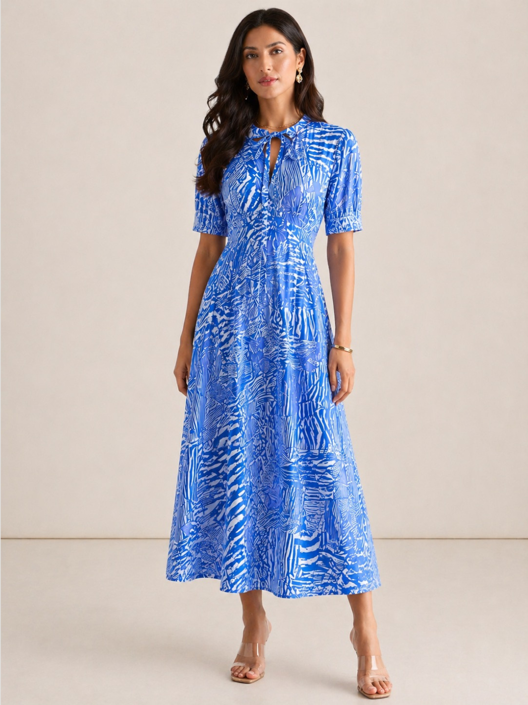 Kate & Pippa Kimber Midi Dress in Royal Blue Print-Occasion Wear-Guest of the wedding-Nicola Ross