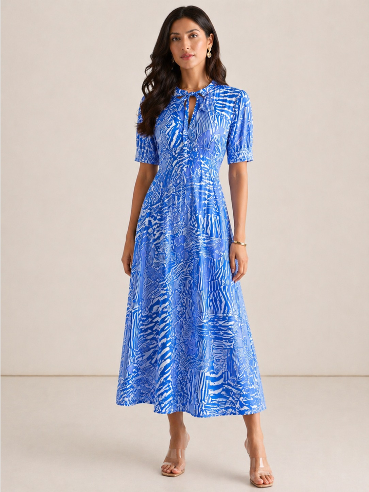 Kate & Pippa Kimber Midi Dress in Royal Blue Print-Occasion Wear-Guest of the wedding-Nicola Ross