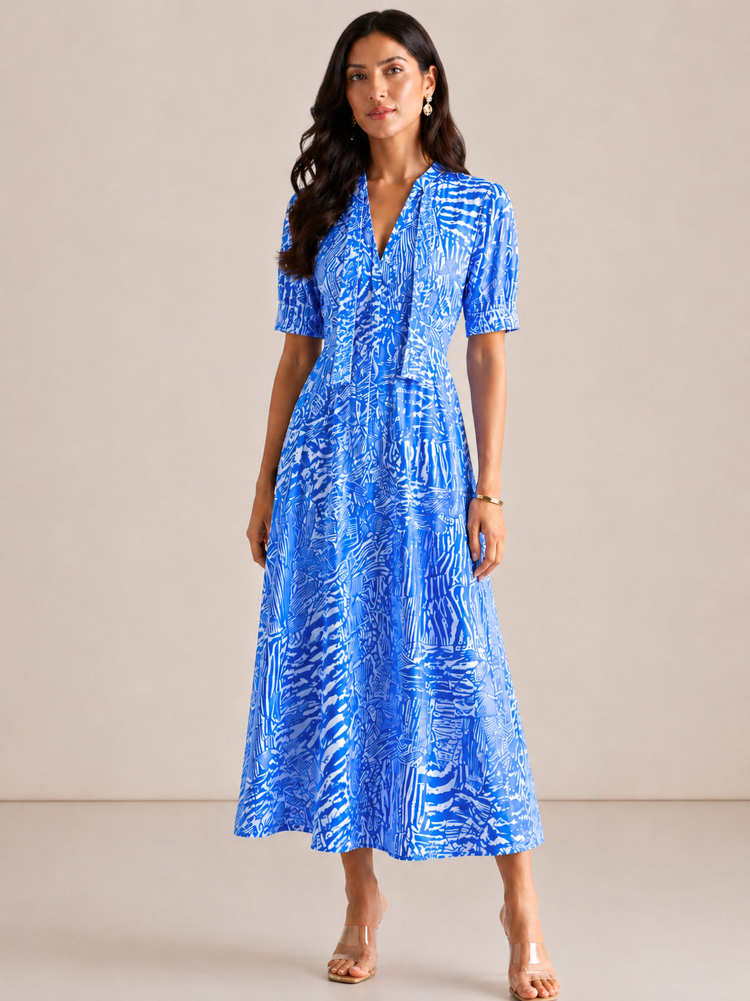 Kate & Pippa Kimber Midi Dress in Royal Blue Print-Occasion Wear-Guest of the wedding-Nicola Ross