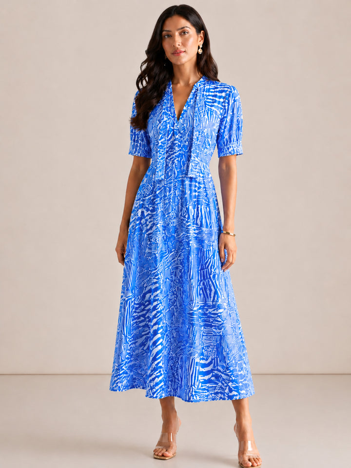 Kate & Pippa Kimber Midi Dress in Royal Blue Print-Occasion Wear-Guest of the wedding-Nicola Ross
